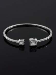 1條時尚、簡約、優雅的銅鋯石鑲嵌開口手鐲,適用於婚禮、畢業、宴會等場合 - 白色 - 查看 1