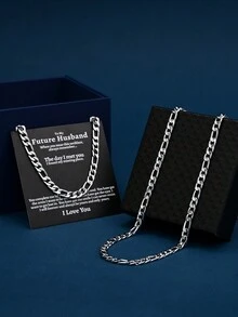 2 Pieces Silver Men's Minimalist Hip-Hop Fashion Stainless Steel Necklace Bracelet Set Blessing Paper Card Box Gift For Husband Man Boyfriend Other Half Gift - Silver - View 10