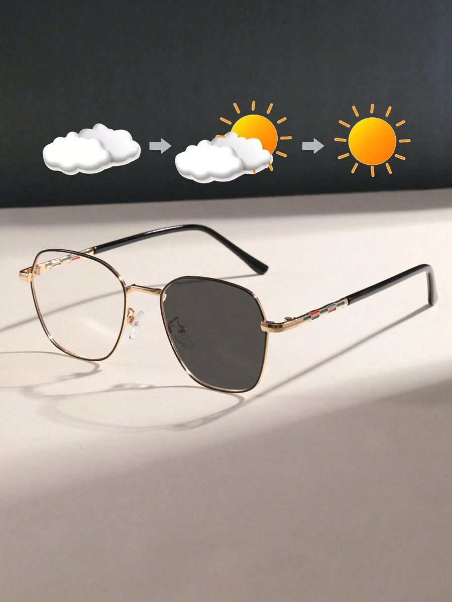 1pc Retro Metal Square Frame Decorative Two-Tone Painted Temple Unisex Glasses With Photochromic Lenses, Suitable For Nearsighted, Fashion Glasses For Men And Women - Gold - View 1