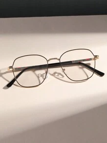 1pc Retro Metal Square Frame Decorative Two-Tone Painted Temple Unisex Glasses With Photochromic Lenses, Suitable For Nearsighted, Fashion Glasses For Men And Women - Gold - View 2