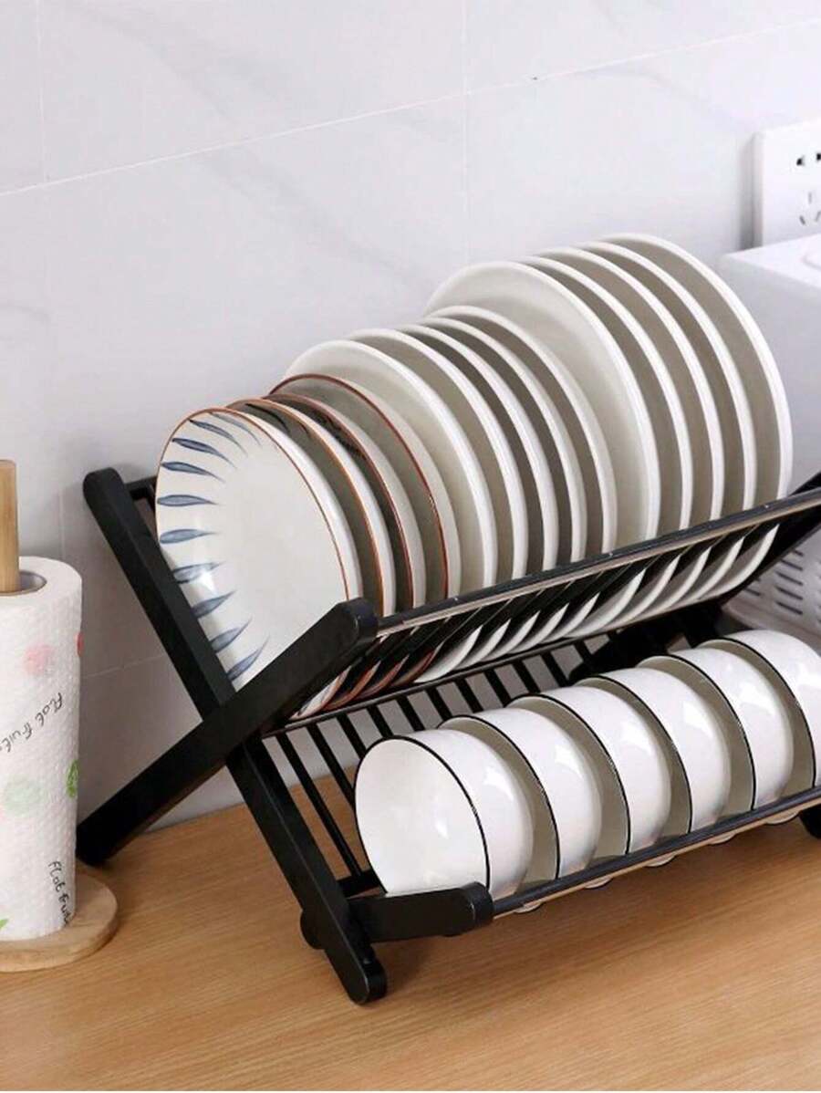 1 件折疊碗碟架,免安裝排水收納架,廚房碗碟架,雙層餐具架,家用碗碟 - 黑色 - 查看 1