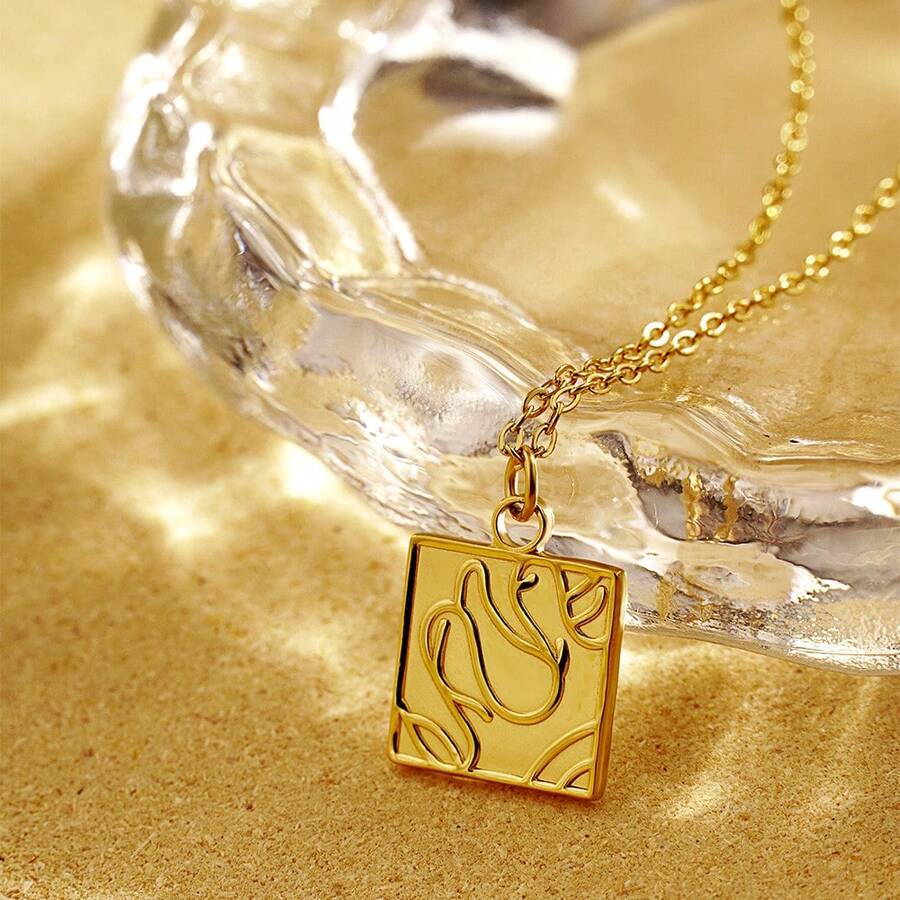 1pc Fashionable Geometric Asymmetrical Wave Pattern Square Pendant Necklace, Perfect For Women'S Daily Wear - Square Pendant - View 1