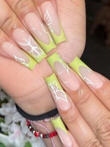 24片長方形&綠色法式&白色蝴蝶&透明冰色&簡約設計美甲貼,附贈果凍膠和指甲銼,完美適用於派對、跳舞和日常穿著。 - 綠色 - 查看 1