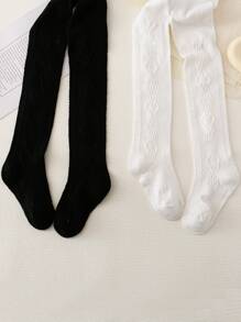 2pcs Japanese Style Girls' Simple Relief Diamond Patterned Tights - Black and White - View 4