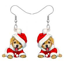 1 對壓克力卡通聖誕帽金毛獵犬狗耳環吊墜小狗寵物動物珠寶禮物女士女孩兒童愛狗人士 - 黃色 - 查看 1