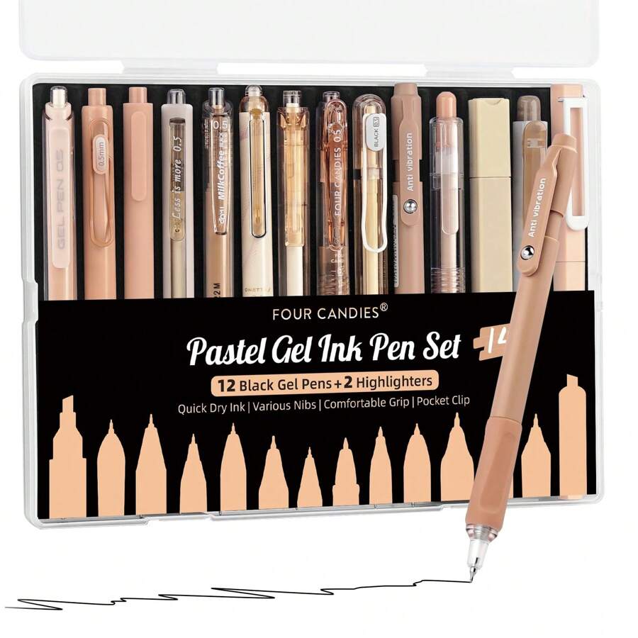 Gel Ink Pen Set,14PCS Pen Set With Case,Cute Note Taking 0.5mm Fine Point Retractable 12PCS Black Ink Pens With 2 Highlighter For School,Note Taking,Writing,Office Supplies,Suitable For Junior High School Primary School Boys And Girls College Student - màu nâu - Xem 1