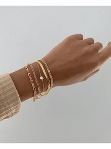 5 件套 14K 镀金编织、蛇形、珍珠链手链，适合女性日常佩戴、派对佩戴、夏季沙滩装佩戴、礼物赠送 - 金黃色 - 查看 4