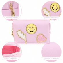1 件便攜式防水 Pu 皮革化妝包帶笑臉和心形印花,旅行盥洗用品收納包,女式,粉紅色 - 粉色 - 查看 5