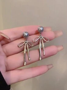 S925 Silver Pin Bowknot & Gray Faux Pearl  Decor Earrings For Women, Tassels & Luxury Design & Elegant Style & Cold-Tone - Grey - View 2