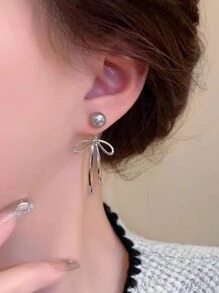 S925 Silver Pin Bowknot & Gray Faux Pearl  Decor Earrings For Women, Tassels & Luxury Design & Elegant Style & Cold-Tone - Grey - View 5