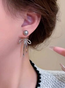 S925 Silver Pin Bowknot & Gray Faux Pearl  Decor Earrings For Women, Tassels & Luxury Design & Elegant Style & Cold-Tone - Grey - View 3