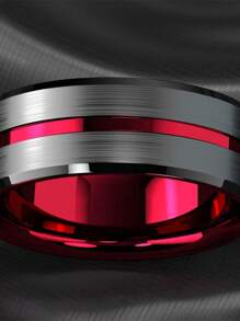 1pc Fashion 8mm Black Stainless Steel Rings For Men Women Green/Purple/Red Groove Step Edge Black Brushed Engagement Rings Wedding Anniversary Jewelry - Red - View 5