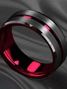 1pc Fashion 8mm Black Stainless Steel Rings For Men Women Green/Purple/Red Groove Step Edge Black Brushed Engagement Rings Wedding Anniversary Jewelry - Red - View 4