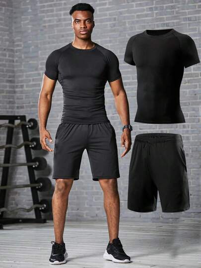 男友风格男士运动压缩套装，速干健身短袖 T 恤 + 短裤，跑步训练健身服健身服男友风格男士，运动套装，运动服男友风格男士短裤套装健身套装男友风格男士两件套服装