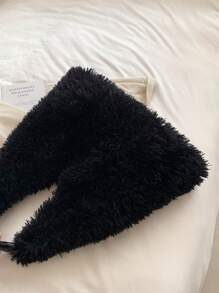 1只固色超大容量明亮絨毛袋,日常時尚單品,約會旅行手提袋 - 黑色 - 查看 4