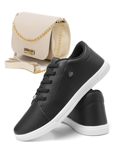 Kit Tênis Feminino Casual Delicado Sola Baixa Com Bolsa Branca Transversal Corrente SF Calçados