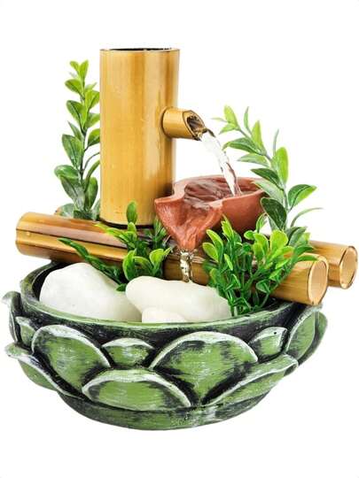 Fonte De Agua Cascata 2 quedas Jarro Bambu Flor Lotus Verde Decoracao