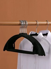 10入組黑色絨面防滑衣架,加厚塑料外衣架,適用於成人衣服晾曬,創意簡約