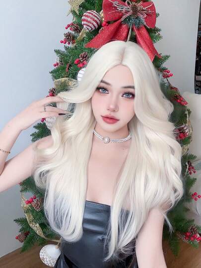 alicegarden 1 件合成耐热、白金色长波浪假发、中等部分、28 英寸长、由纤维制成、适合日常使用、自然逼真的假发（不包括配件）