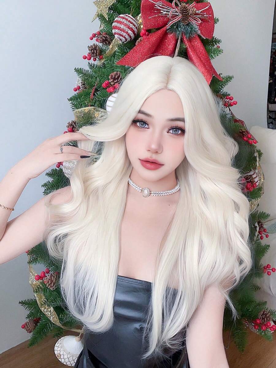 alicegarden 1 Bộ tóc giả tổng hợp chịu nhiệt, sóng dài màu trắng vàng, phần trung bình, dài 28 inch, làm từ sợi, thích hợp sử dụng hàng ngày, tóc giả tự nhiên và chân thực (không bao gồm phụ kiện) - Vàng - Xem 1