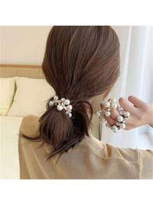 1 Pack Of Elegant Pearl Hair Rope For Women, Simple And Elegant Hair Rope, Rubber Band Hair Tie, Ponytail Hair Ornament Leather Case - Black - View 3