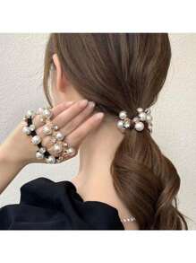 1 Pack Of Elegant Pearl Hair Rope For Women, Simple And Elegant Hair Rope, Rubber Band Hair Tie, Ponytail Hair Ornament Leather Case - Black - View 2