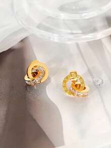 1對新款創意鑽石玫瑰金鈦鋼耳環女士雙環爆珠耳環 - 銀色 - 查看 4