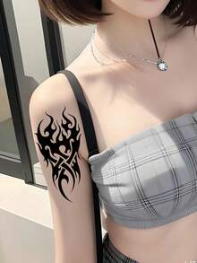 1 Hoja De Tatuaje Temporal Semi-permanente Con Diseño De Totem Floreado Y De Líneas Rectas Para El Brazo, Medida De 12-19cm - Negro - Ver 2