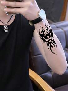 1 Hoja De Tatuaje Temporal Semi-permanente Con Diseño De Totem Floreado Y De Líneas Rectas Para El Brazo, Medida De 12-19cm - Negro - Ver 1