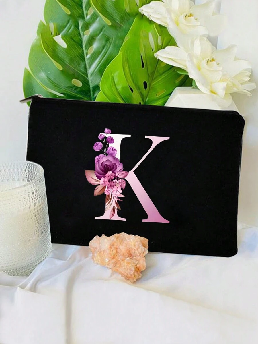 字母k和花卉圖案手提袋,輕巧可折疊拉鍊化妝包,多用途化妝包,便携洗漱袋,適用於女性旅行收納,化妝工具收納,適合作為禮物送給女孩子,聖誕節化妝收納包,手拿包,適合個人旅行化妝品收納 - 黑色 - 查看 1