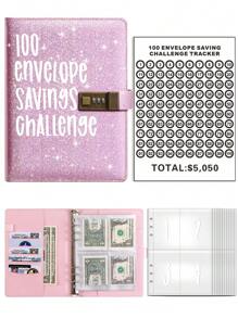 1pc 100 Envelopes Money Saving Challenge Budget Binder Binder Organizer 52 Week Money Saving Challenge Binder Cash Envelopes For Budgeting With Combination Lock Envelope Challenge Binder Cash Planner Back To School - Pink - View 4