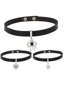 1個底座為pu皮革,以合金和鑽石裝飾的朋克風魔鬼眼圖案鎖骨項鍊,適用於女士日常穿著 - 黑色 - 查看 1