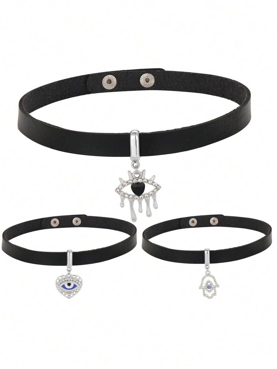 1個底座為pu皮革,以合金和鑽石裝飾的朋克風魔鬼眼圖案鎖骨項鍊,適用於女士日常穿著 - 黑色 - 查看 1