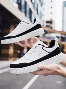 WANWEISI 男士防滑荔枝纹压花字母图案撞色系带运动鞋，户外运动滑板鞋 - 男士网球鞋 - 黑與白 - 查看 4