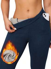 1 件冬季加厚保暖内衬女士打底裤，带斜口袋，柔软保暖纯色紧身裤 - 藏蓝色 - 查看 1