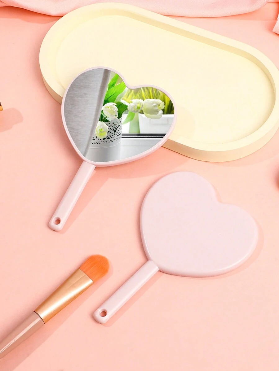 1pc Mini Lovely Cartoon Heart Mirror For Touching Up Makeup, HD Portable Mirror For Daily Use By Girls - Pink - View 1