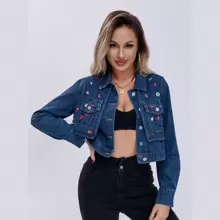 Chamarra de mezclilla con piedras decorativas con bolsillos y botones - Azul - Ver 1