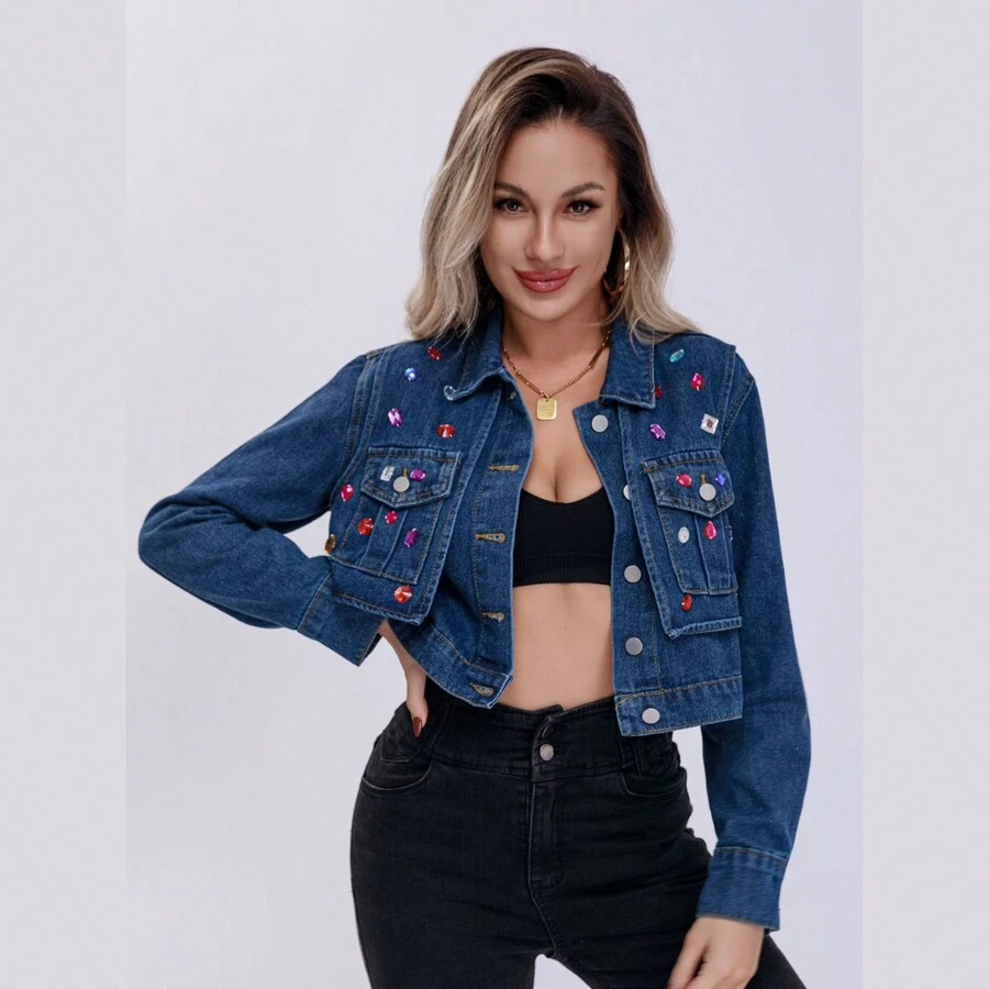 Chamarra de mezclilla con piedras decorativas con bolsillos y botones - Azul - Ver 1
