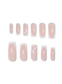 24pcs Simple French Manicure Design Press On Nails With White Edge Heart & Sparkle Pattern, Wearable, Ready To Use - White - View 3