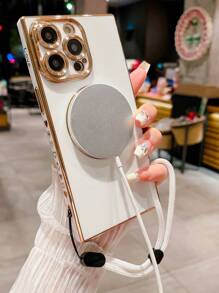 1 件全新米色电镀心形磁吸彩绘直边+可调节防丢挂绳防震手机壳保护套适用于 17 系列（磁吸环开口适用于 17 Pro & 17 PM 型号）