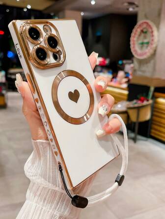 1pc New Beige Electroplated Heart-Shaped Magnetic Adsorption Painted Straight Edge + Adjustable Anti-Lost Lanyard Shockproof Phone Case Protective Cover For 17 Series (Magnetic Adsorption Ring Openings For 17 Pro & 17 PM Models)