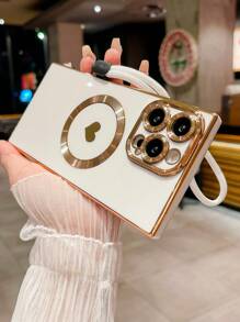 1 件全新米色电镀心形磁吸彩绘直边+可调节防丢挂绳防震手机壳保护套适用于 17 系列（磁吸环开口适用于 17 Pro & 17 PM 型号）