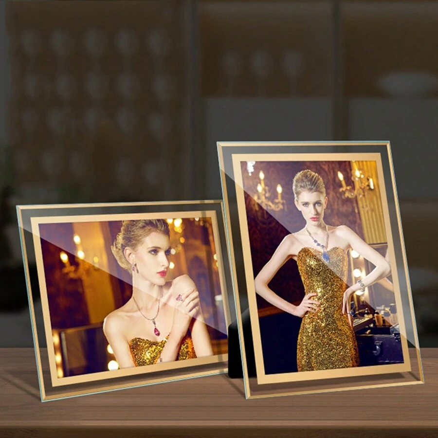 1 Pieza Portarretrato De Vidrio Cristalino Con Soporte, Marco Simple Para Fotos, Pinturas Y Retratos - Dorado - Ver 1