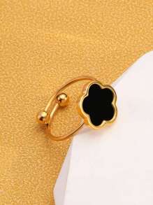 1pc Minimalist Personalized Jewelry Stainless Steel 18k Gold Plated Clover Decorated Open Ring Valentines,Mom,Mother,Mother's Day,Gift - Five Leaf Clover Ring - View 4