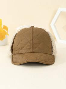 1 件装男女通用儿童卡其色钻石纹加厚羊毛绒护耳帽带帽檐两用简约时尚适合冬季户外防寒保暖时尚搭配 - 卡其色 - 查看 3