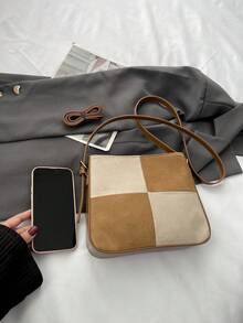 New Arrival Mixed Material Suede Pu Checkerboard Shoulder Crossbody Square Bag - Brown - View 6