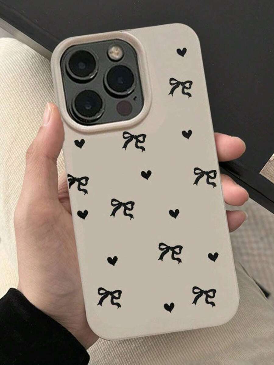 1 Pc Black Bow & Heart Print Phone Case Compatible With Apple Smartphone - Multicolor - View 1