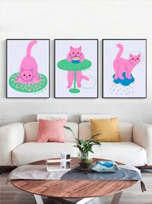 3入組粉色卡通貓設計無框畫布藝印刷品,適用於客廳和臥室,出人意料的禮物 - 彩色 - 查看 4