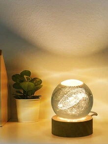 1個6cm木質底座照明3d雕刻水晶球,銀河太陽系設計,創新桌面臥室床頭夜燈擺件,聖誕禮物 - 太陽系 - 查看 9