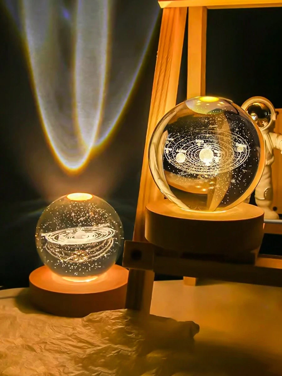 1個6cm木質底座照明3d雕刻水晶球,銀河太陽系設計,創新桌面臥室床頭夜燈擺件,聖誕禮物